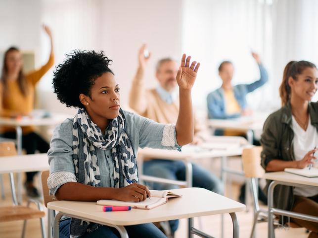 Student raising hand in class