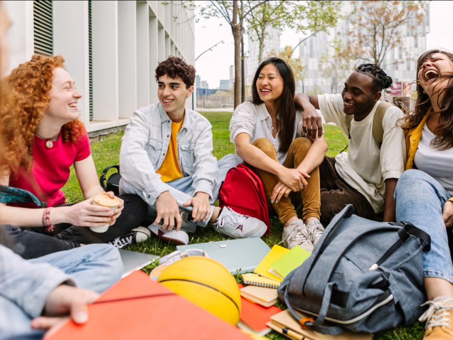 Students sitting on a patch of grass talking