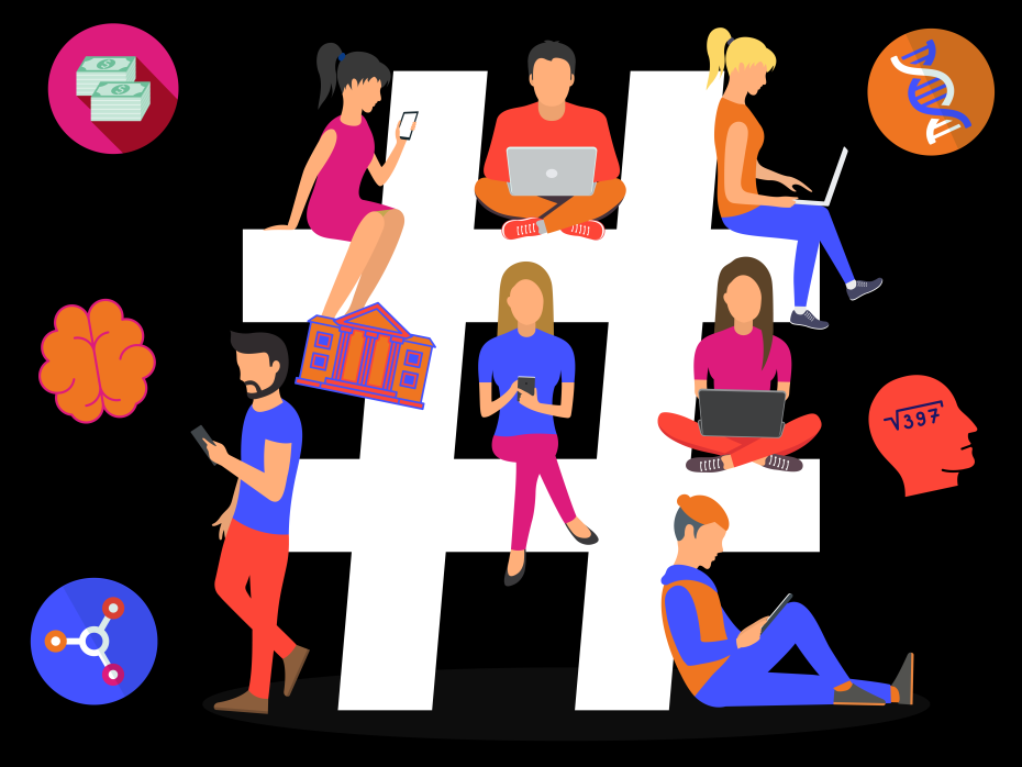 Illustration of colourful hashtag with people around it