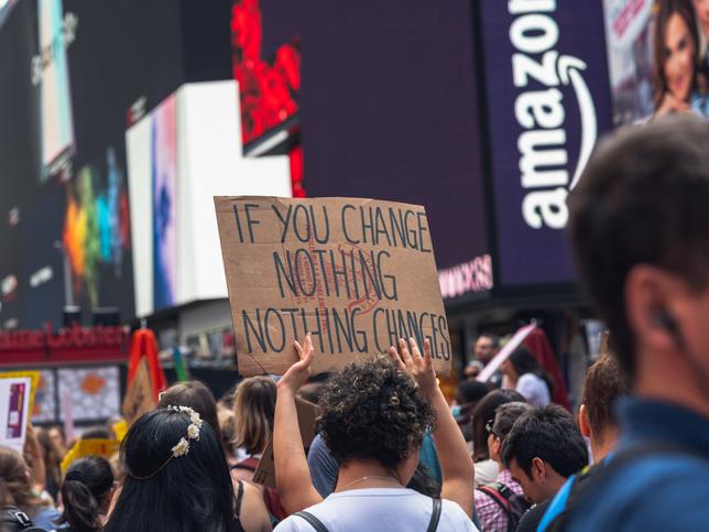 A placard at a climate change protest reads "if you change nothing, nothing changes"