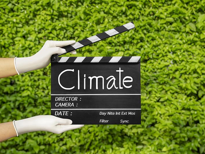 Clapperboard in front of greenery