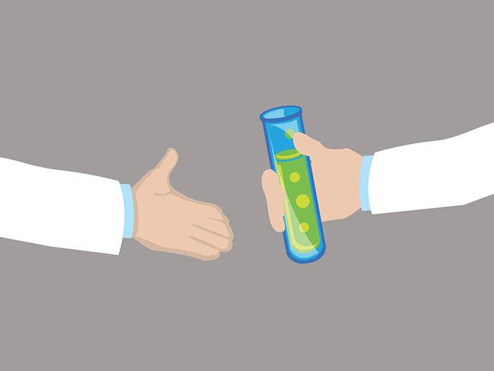 Illustration of scientists passing test tube