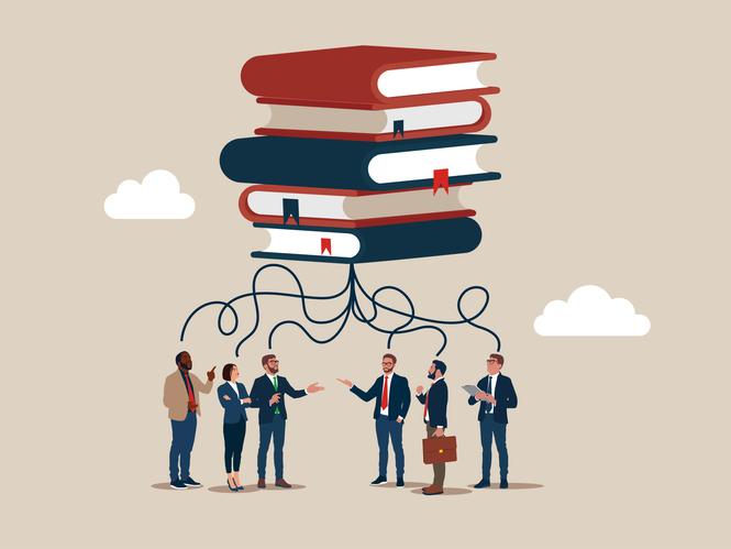 An illustration of a pile of books linking to a crowd of businesspeople