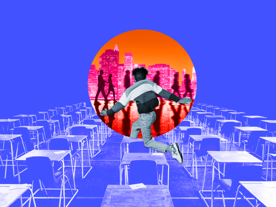 A figure jumps from a traditional exam room through an orange circle