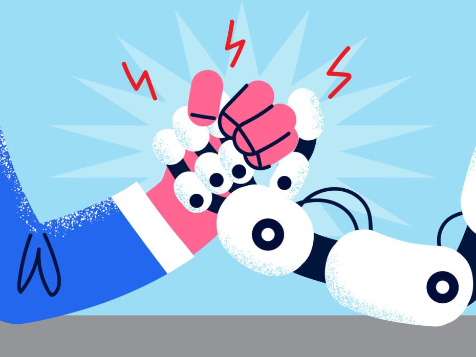 A catoon image of a robot and human arm wrestling