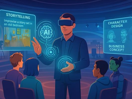 A futuristic digital classroom in the metaverse where students, represented as diverse avatars, engage in an interactive lesson. A teacher, using holographic AI tools, guides them through immersive learning experiences. Floating virtual screens display storytelling prompts, character designs, and business concepts. The background features a blend of virtual reality elements