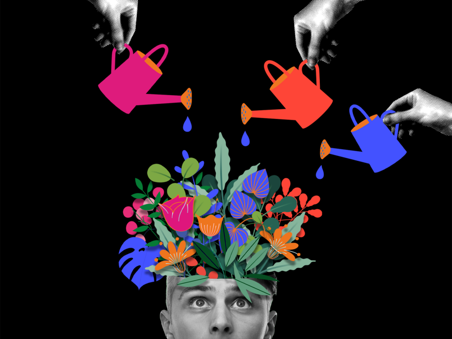 A photo of a man's head with plants growing out of it that are being watered by a watering can