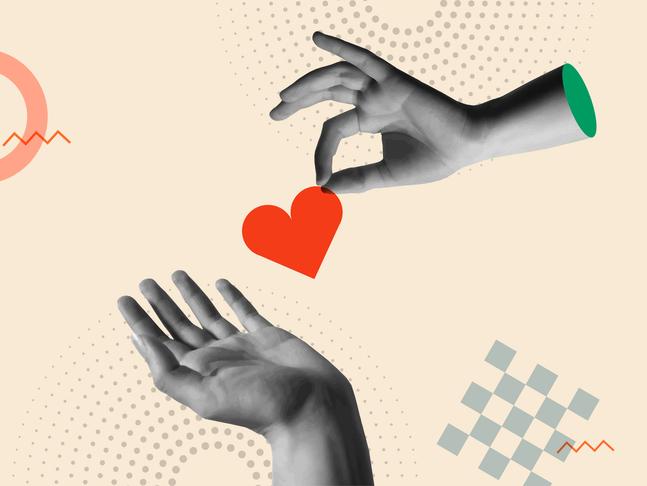 An illustration of a heart passing from one hand to another