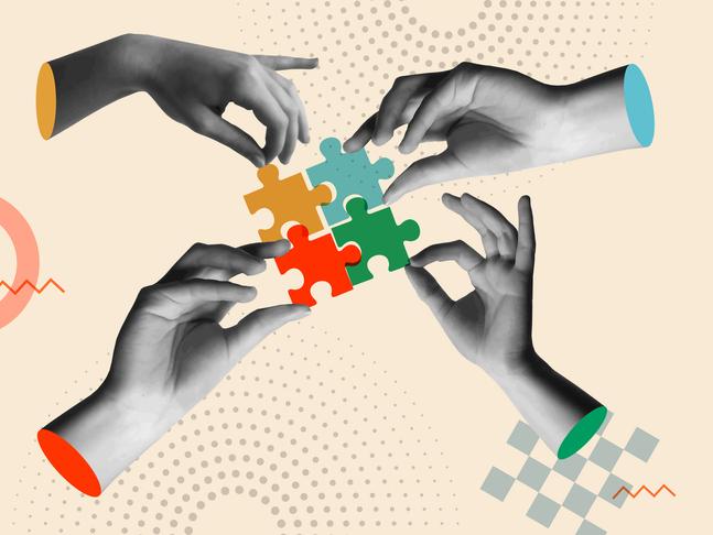 An illustration of hands putting together a jigsaw puzzle