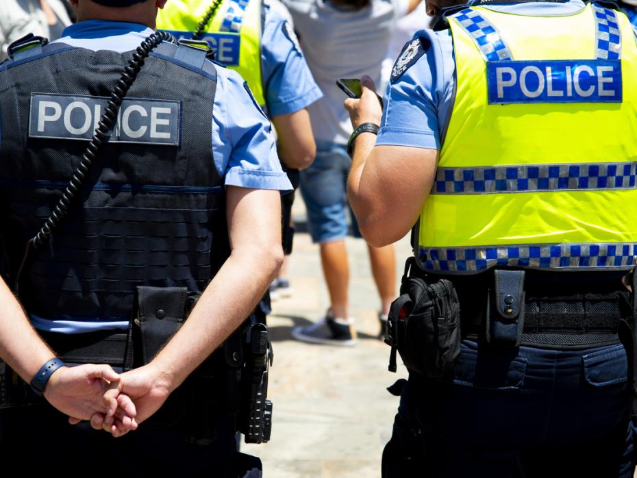 Two police officers from behind