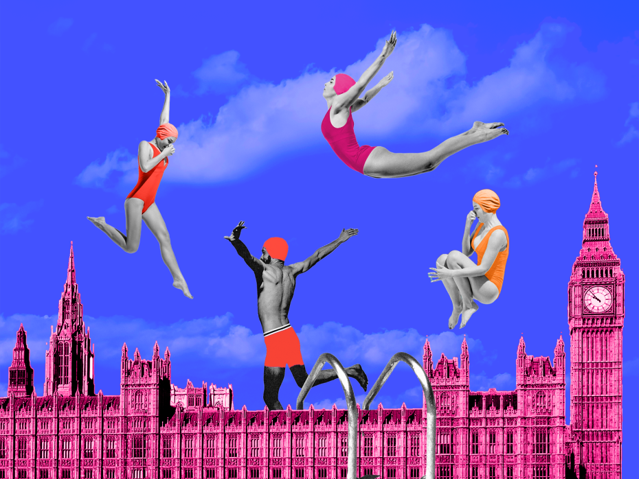 Swimmers jumping in the air