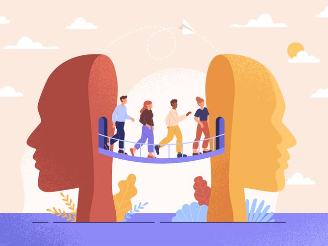 An illustration of a group of people crossing a drawstring bridge from one head to another