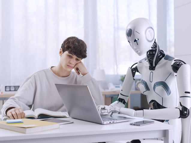 A robot types on a laptop while a bored student slumps beside it
