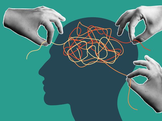 An illustration of hands untangling threads in someone's head