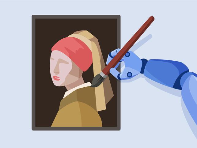 A robot arms paints a portrait