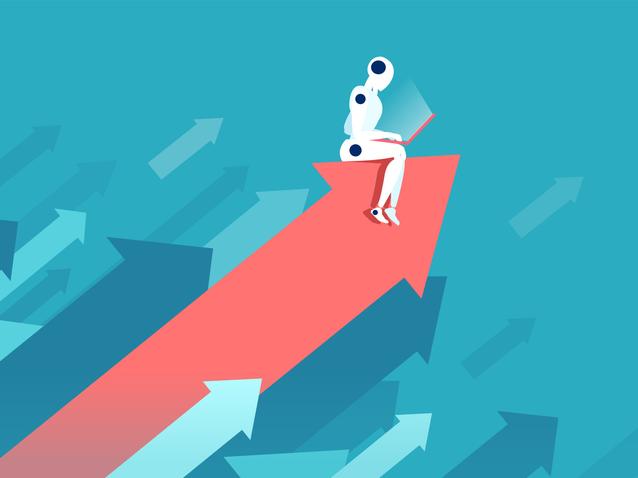An illustration of a robot soaring upwards on an arrow