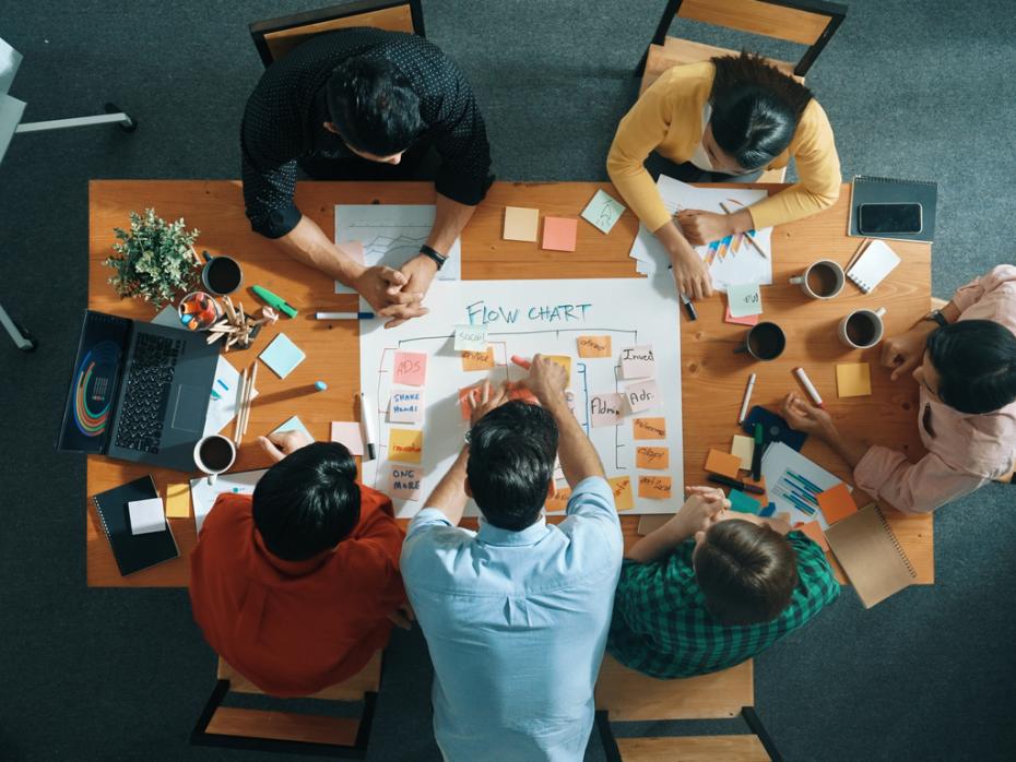 Top down view of colleagues sat around a table planning