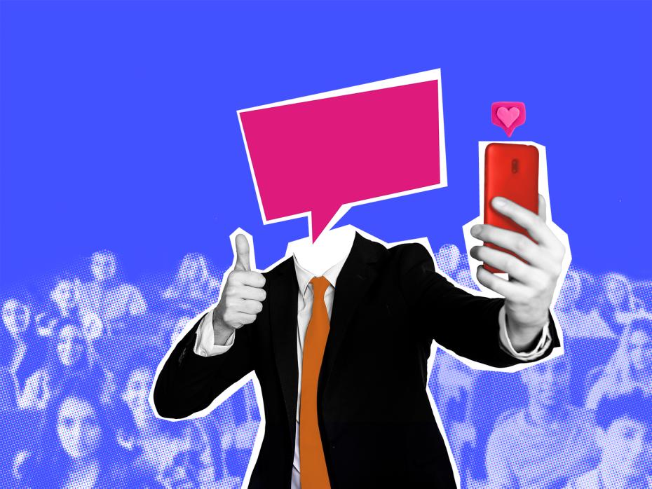 A headless person wearing a suit with a speech bubble for a head holding a phone