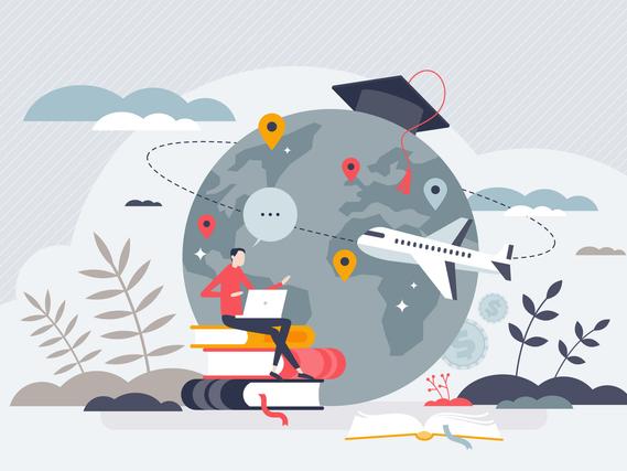 An illustration of a mortarbord balanced on a globe 