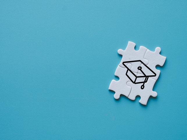 Four jigsaw puzzle pieces display a mortarbord