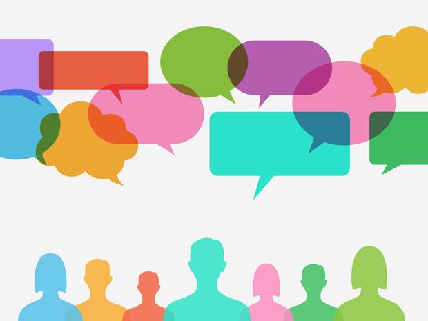 Brightly-coloured speech bubbles and avatars