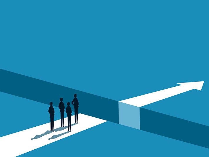 Illustration of figures looking at barrier and arrow