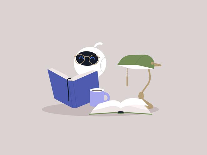 An illustration of an AI with glasses, reading a book