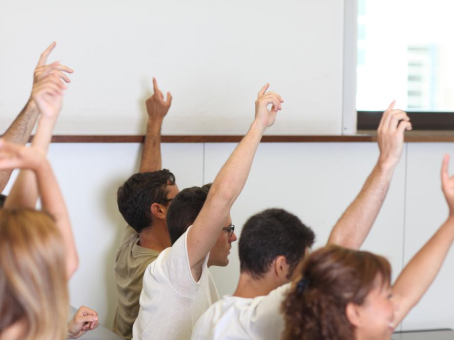Students with their hands up in class