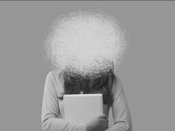 An illustration of a woman, her face obscured by a giant scribble