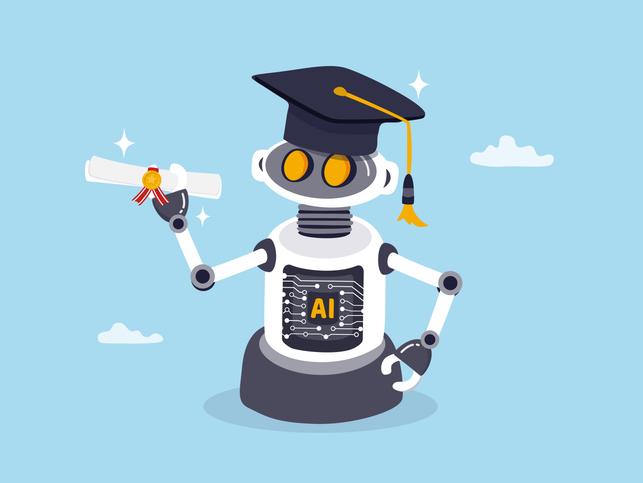 A robot in a mortarboard poses with a diploma 