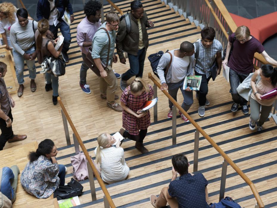Top down view of students walking between classes