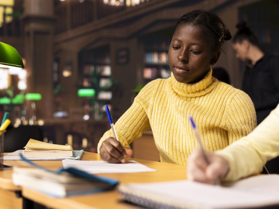 A student writing an essay by hand in a library