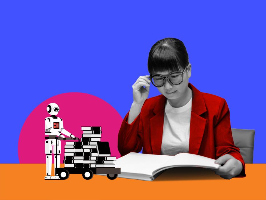 A researcher reading a pile of books next to a robot with a trolley of more books