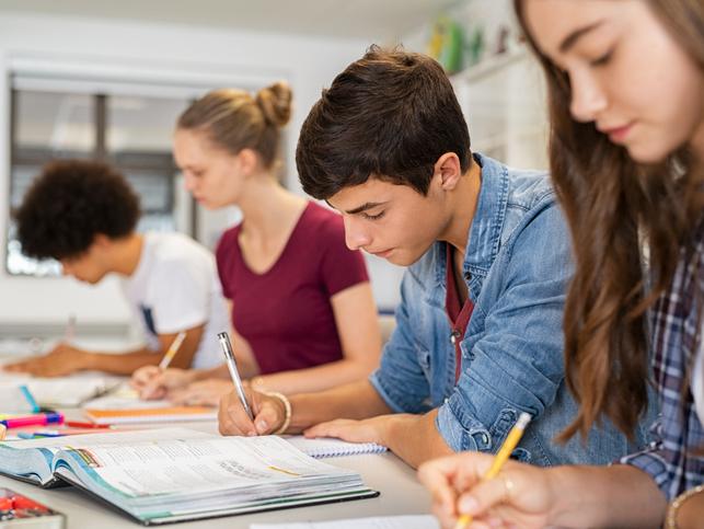 Students work in a classroom