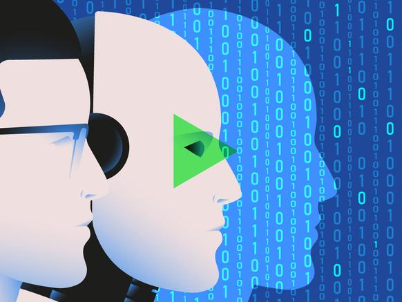 A man, robot and binary code in profile