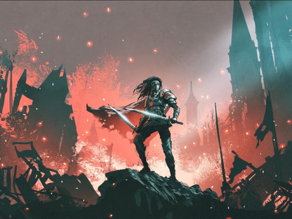 A warrior stands in a fiery wreckage