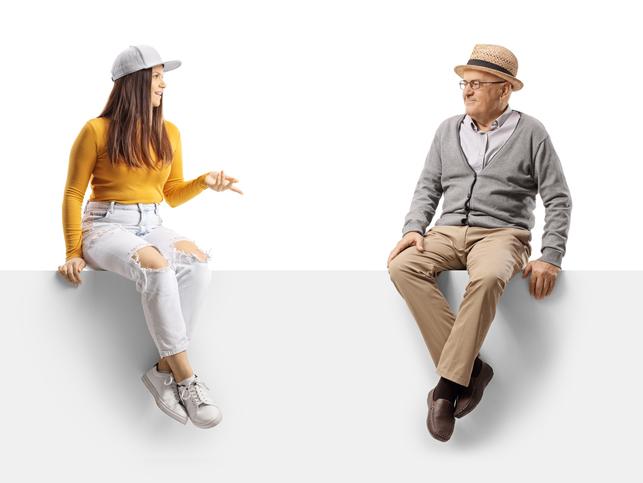 A student and an old man chat in a virtual surrounding