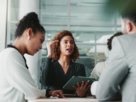 Researchers discuss ideas in a meeting