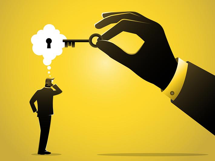 Illustration of puzzled man with hand unlocking keyhole in thought bubble