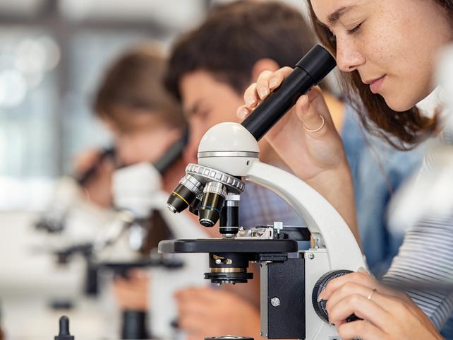 A student uses a microscope in a lab