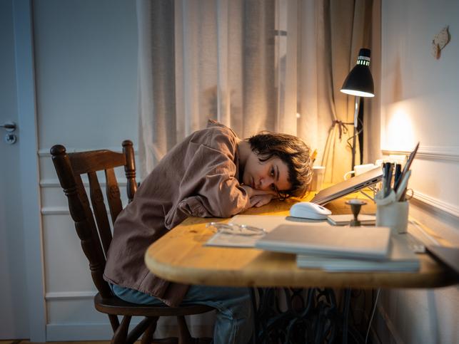 A struggling student works late at her desk