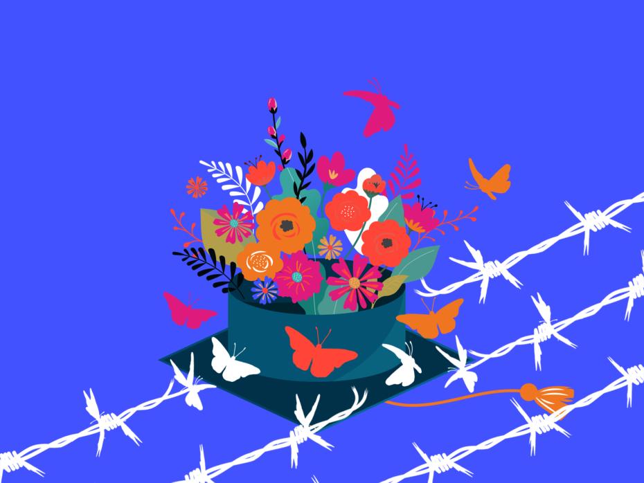 Graphic image of a bouquet of flowers in a graduation cap on top of barbed wire