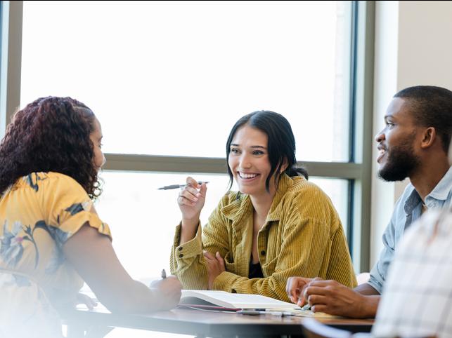 Academics discussing a collaborative project around a table