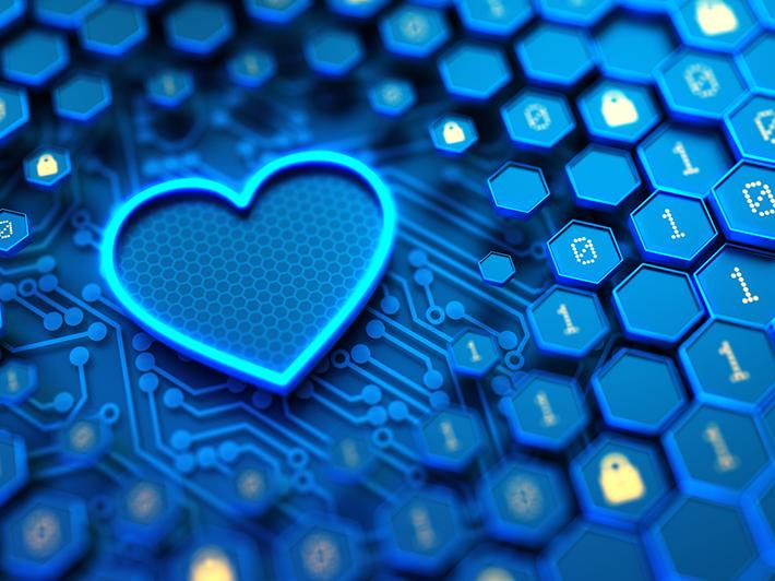 Digital heart among locks, ones and zeros on keyboard