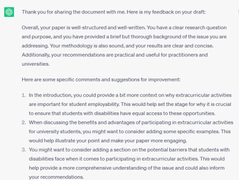 Screenshot of prompt asking AI writer for feedback on academic writing