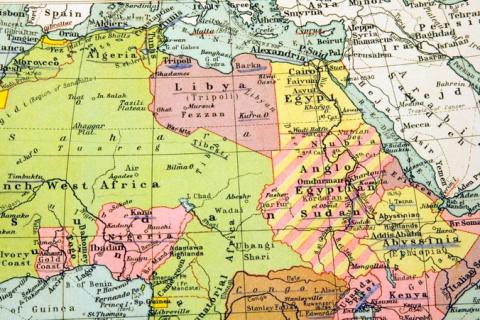 An old map of Africa showing countries as former British and French colonies