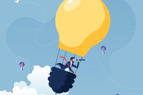 Illustration of a scholar in a lightbulb hot-air balloon