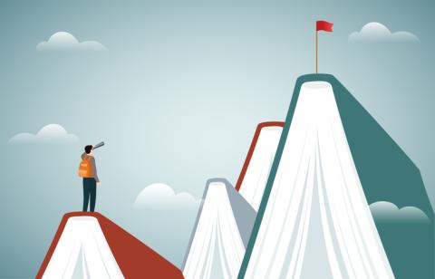 An explorer observes a flag flying atop a mountain made of books