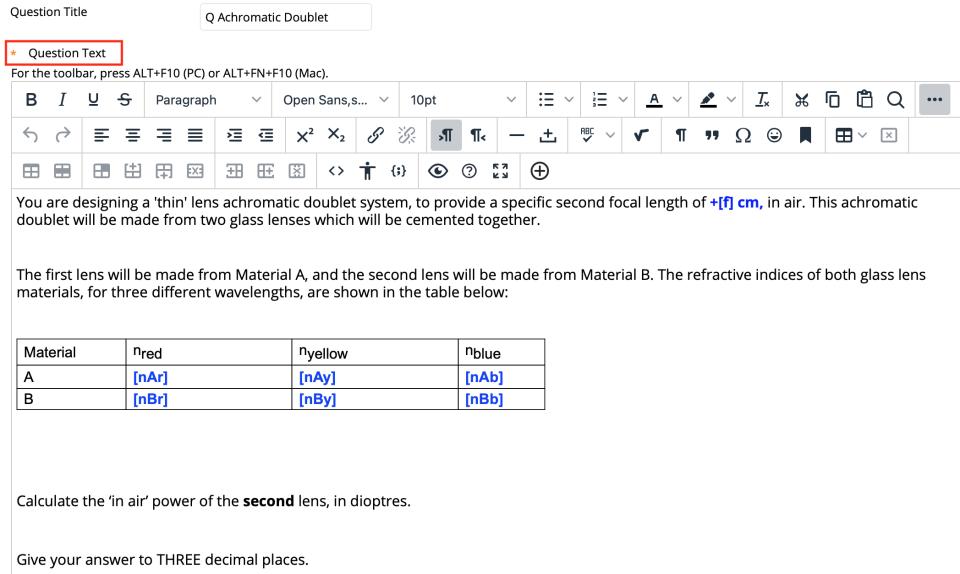 Figure 1. An example of a formula-based question containing seven different variables, each of which are presented in blue text and square brackets ([ ]).