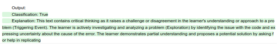 A screenshot that illustrates an example output for the critical thinking model